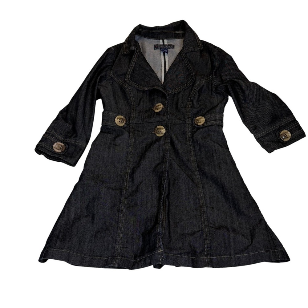Baccini Womens Dark Wash Denim Trench Coat Indigo 3/4 Sleeve Pleated Back